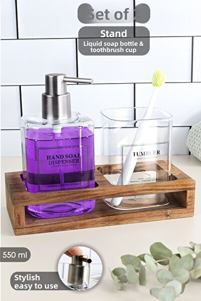 Meleni Home Glass Liquid Soap Dispenser Set with Wooden Stand - Liquid Soap Bottle Toothbrush Holder Bathroom Set Transparent 550 ml