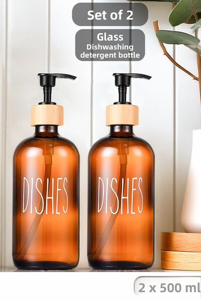 Meleni Home Amber 500 ml Kitchen Liquid Soap Dispenser - Glass Dishwashing Detergent 2 Pieces