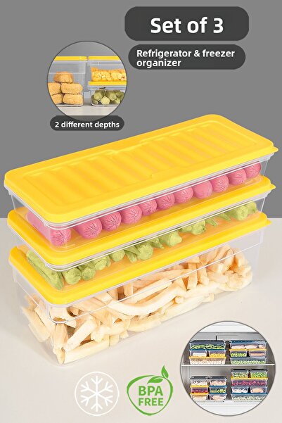 Meleni Home Set de organizatoare pentru frigider din 3 piese - cuptor cu microunde adânc și superficial, recipient pentru congelator L galben