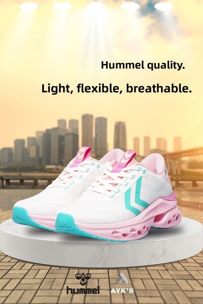 hummel حذاء رياضي نسائي مرن شبكي باللون الأبيض والوردي Hml