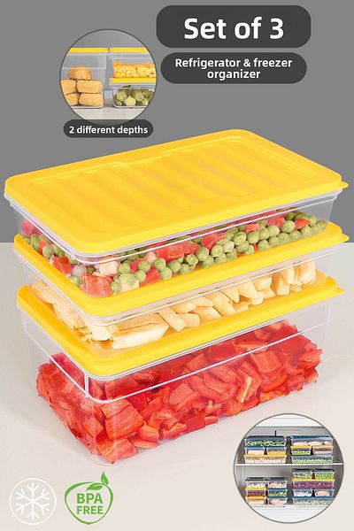 Meleni Home 3-Piece Refrigerator Organizer Set - Deep and Shallow Microwave Freezer Container, m Yellow