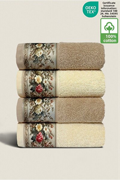 Ellaline Set of 4 Fiore Towels 100% Cotton Floral Pattern Hand / Face / Kitchen 50X90Cm