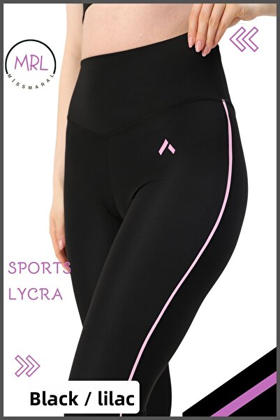 missmaral Women's Comfortable Sport Tights - Black/Lilac Stripe Detail Lycra Diver 1041