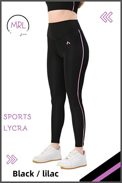 missmaral Women's Comfortable Sport Tights - Black/Lilac Stripe Detail Lycra Diver 1041