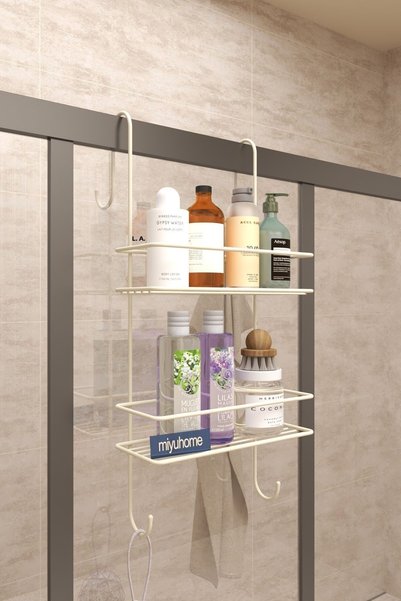 moniev Hangable Luxury Bathroom Shelf With Hook Shampoo Holder Stainless Shower Cabin Rack Hanging Without Punching Shower Rack BEIGE
