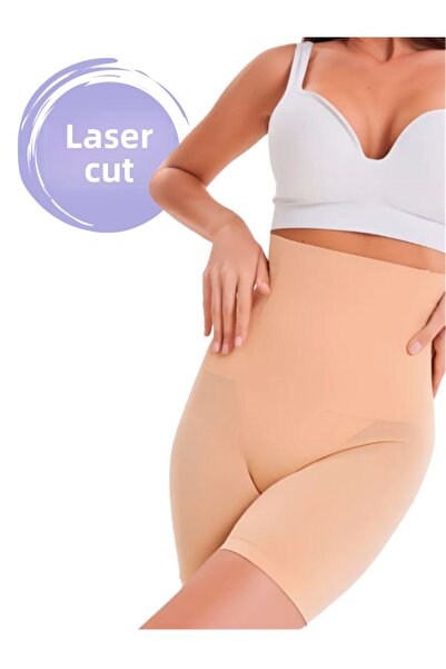 miresa High Waist Laser Cut Sports Shorts - Flexible Corset, Tan Color