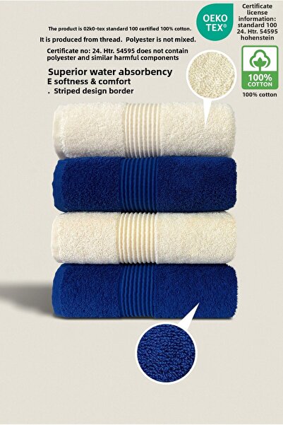 Ellaline 4-Piece Hand Face Towel Set 100% Cotton Certified Bathroom |   Kitchen |   Dowry Box 50X90Cm Cream - Navy Blue