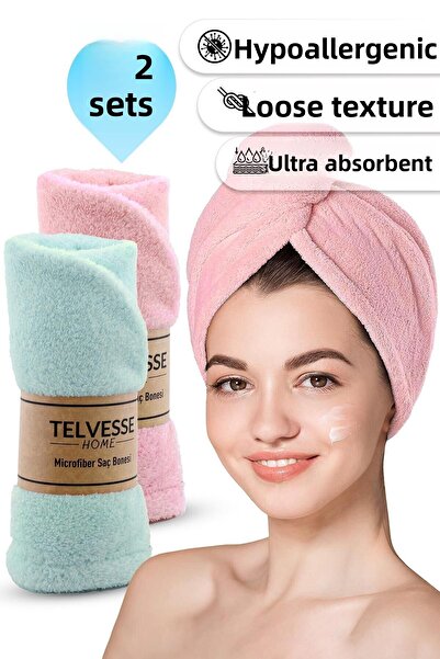 Telvesse Set of 2 Microfiber Hair Towel Beach Sea Pool Cap Bath Hair Drying Head Towel Turquoise-Pink