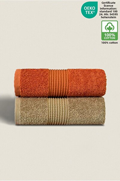 Ellaline Towel Set of 2 100% Cotton Certified Hand Face Kitchen Towel 50X90Cm Tile Orange - Brown
