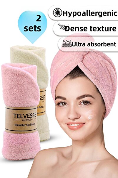 Telvesse Microfiber Hair Towel Set - Beach/Garden Usage, Face Crying - Cream-Pink