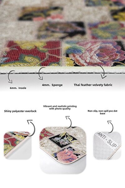 Realhomes Set of 2 Classic Vintage 2-Piece Bathroom Kitchen Mat Set with Patchwork Motif and Knitted Pattern on Cream Floor