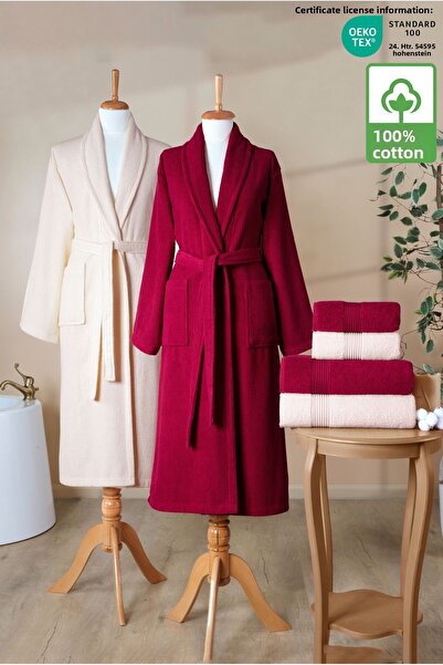 Ellaline Σετ μπουρνούζι 6 τεμαχίων ριγέ 100% βαμβάκι με πιστοποίηση, σετ μπουρνούζι σε μπορντό - μπεζ χρώμα