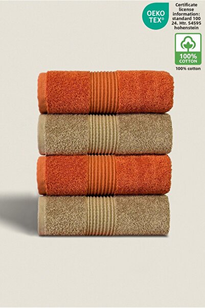 Ellaline 4-Piece Hand Face Towel Set 100% Cotton Certified Bathroom |   Kitchen |   Dowry Box 50X90Cm Orange Brown