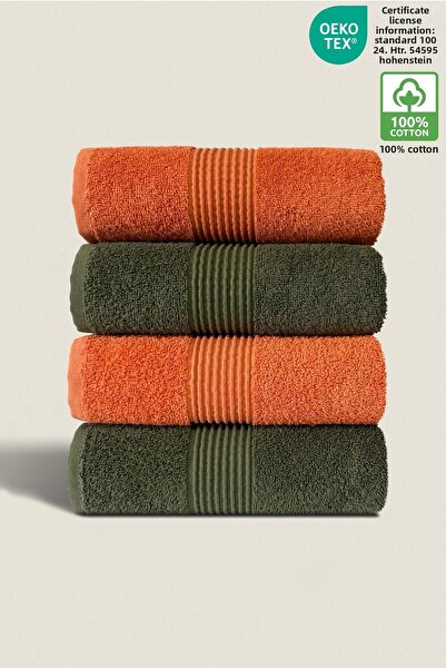 Ellaline 4-Piece Hand Face Towel Set 100% Cotton Certified Bathroom |   Kitchen |   Dowry 50X90Cm Orange Dark Green