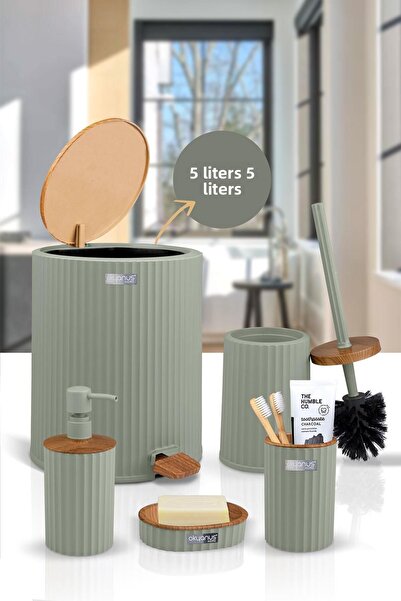 Okyanus Home Σετ μπάνιου Coliseum Green Ξύλινο Σχέδιο 5 τεμαχίων με κουβά και πεντάλ