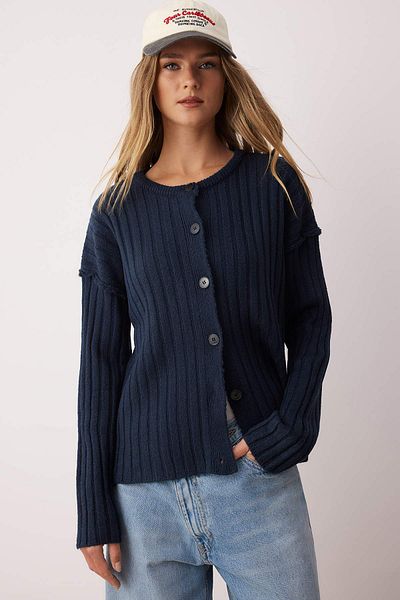 Trendyol Collection Navy Blue More Sustainable Basic Ribbed Wide Fit Knitwear Cardigan Twoaw26Hi00128