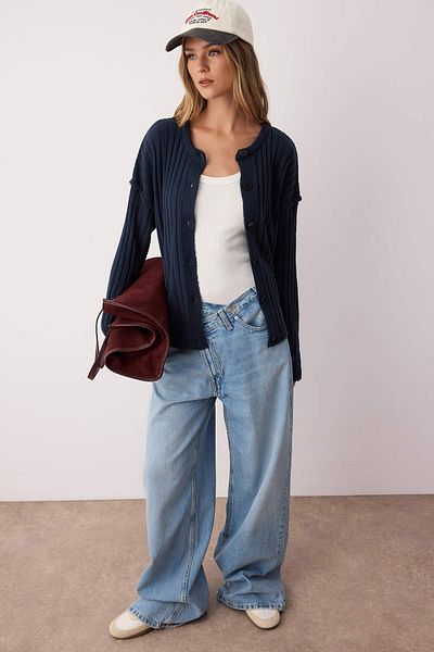 Trendyol Collection Navy Blue More Sustainable Basic Ribbed Wide Fit Knitwear Cardigan Twoaw26Hi00128