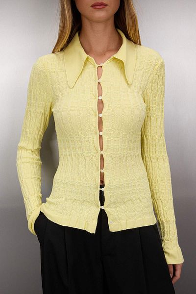 Trendyol Collection Yellow Textured Polo Neck Premium/Special Thread Fitted/Fitted Knitwear Cardigan Twoaw26Hi00081