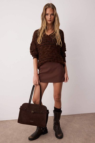 Trendyol Collection Dark Brown Lurex Wide Fit Soft Textured Openwork/Hollowed Knitwear Sweater Twoaw26Kz00016