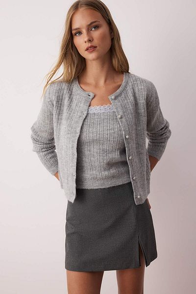 Trendyol Collection Gray Premium/Special Yarn Square Collar Lace Garnish Knitwear Cardigan-Blouse Knitwear Suit Twoaw26Hi00086