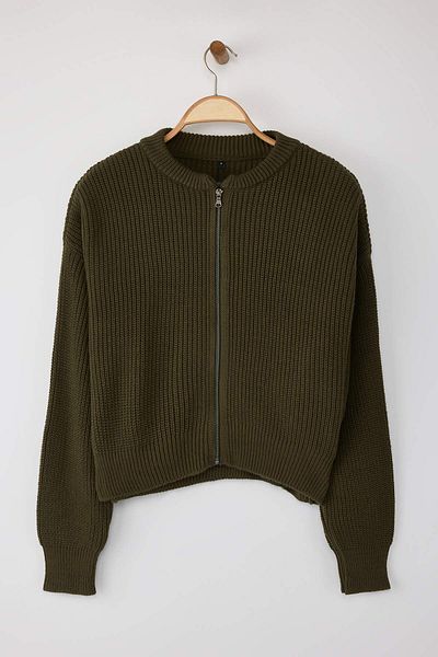 Trendyol Collection Khaki Wide Fit Bomber Collar Zippered Knitwear Cardigan Twoaw24Hi00153