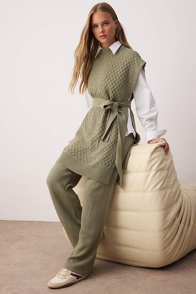 Trendyol Modest Khaki Belted Brass Knit Sweater-Pants Knitwear Top and Bottom Set Tctaw24Us00045