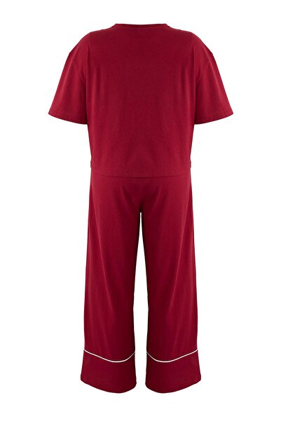 Trendyol Curve Burgundy Printed Wide Leg Crop Boy Knitted Pajamas Set Tbbaw23Ai00040