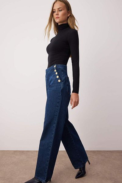 Trendyol Collection Blugi albastru închis cu talie înaltă și picioare late TWOAW26JE00039