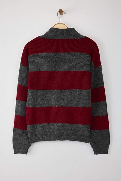 Trendyol Collection Bordeaux Moale Texturat Lată Gros Tricotaj cu decolteu în V Pulover TWOAW26KZ00152