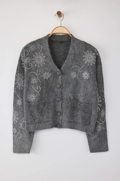 Trendyol Collection Dark Gray Soft Texture Wide Fit Stone Embroidered Knitwear Cardigan Twoaw26Hi00005