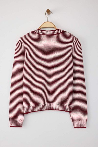 Trendyol Collection Cardigan tricotat cu dungi cu textura moale burgundy TWOAW26HI00142