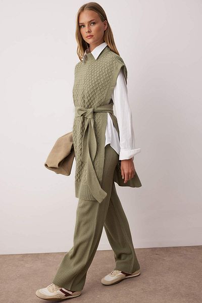 Trendyol Modest Khaki Belted Brass Knit Sweater-Pants Knitwear Top and Bottom Set Tctaw24Us00045