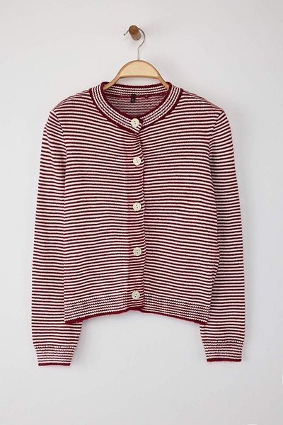 Trendyol Collection Cardigan tricotat cu dungi cu textura moale burgundy TWOAW26HI00142