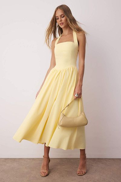 Trendyol Collection Rochie maxi țesută din poplin cu decolteu galben TWOSS25EL00881