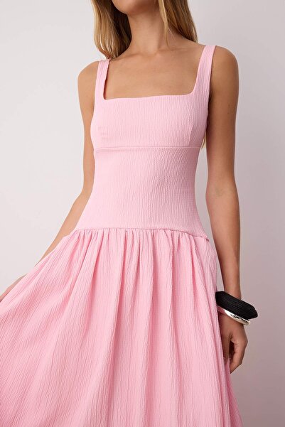 Trendyol Collection Pink Special Fabric Corset Look Backless Woven Skirt Wide Midi Dress Twoss25El00882