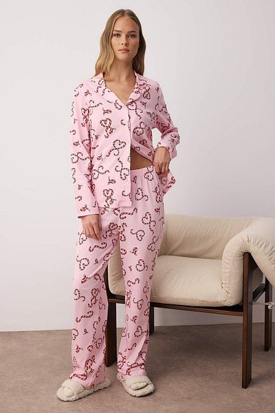 Trendyol Collection Pink 100% Cotton Heart New Year Pattern Shirt Collar Knitted Pajamas Set Thmaw26Pt00064