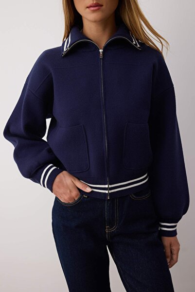 Trendyol Collection Navy Blue Premium Yarn/Special Yarn Zipper Coat Look Knitwear Cardigan Twoaw26Hi00133