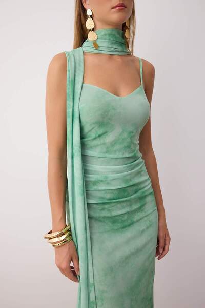 Trendyol Collection Rochie maxi tricotată din tul cu detaliu eșarfă verde TPRSS25EL00314