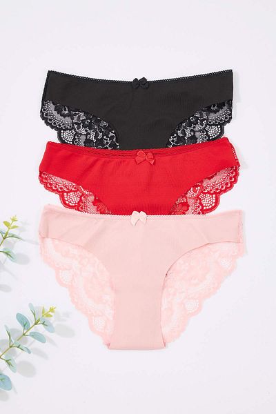 Trendyol Collection Κόκκινο-Πολύχρωμο 3 τεμάχια μικρο βραζιλιάνικη δαντέλα Λεπτομερή ίσια βραζιλιάνικα εσώρουχα THMAW26KU00003