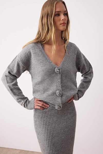 Trendyol Collection Gray 2-Piece Midi Soft Textured V-Neck Bodycone/Body Wrap Knitwear Cardigan-Dress Twoaw26El00009