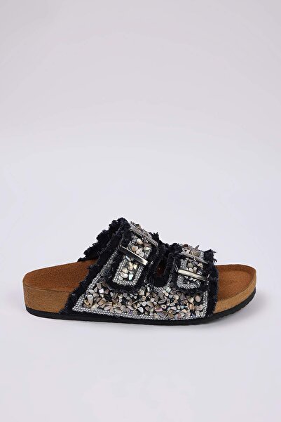 TRENDYOL SHOES Anthracite Beaded Double Banded Women's Slippers Takss25Te00039