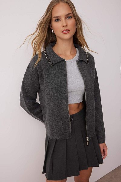 Trendyol Collection Dark Anthracite Pearl Wide Fit Knitwear Cardigan Twoaw26Hi00160