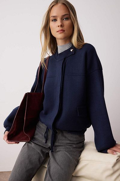 Trendyol Collection Navy Blue Zippered Premium Yarn/Special Yarn Wide Fit Coat Look Knitwear Cardigan Twoaw26Hi00025