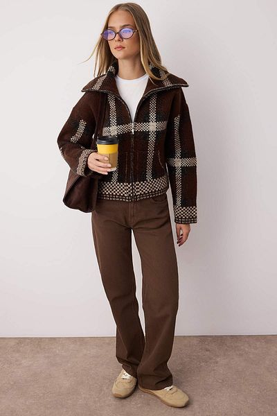 Trendyol Collection Brown Soft Textured Wide Fit Zipper Coat Look Knitwear Cardigan Twoaw26Hi00134