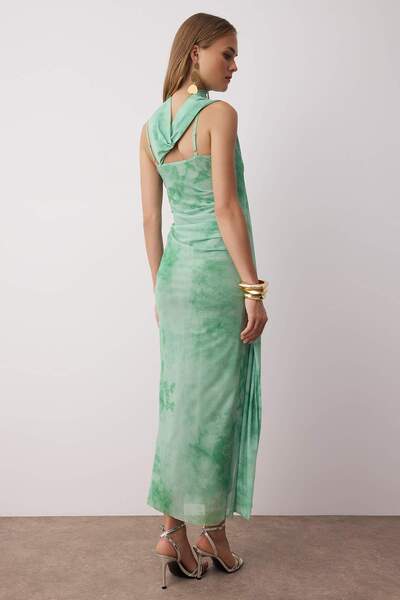 Trendyol Collection Rochie maxi tricotată din tul cu detaliu eșarfă verde TPRSS25EL00314