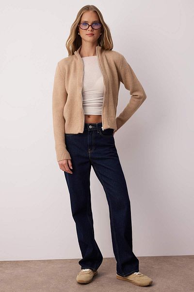 Trendyol Collection Mink Zipper Wool Blend Stand Collar Soft Textured Knitwear Cardigan Twoaw26Hi00027