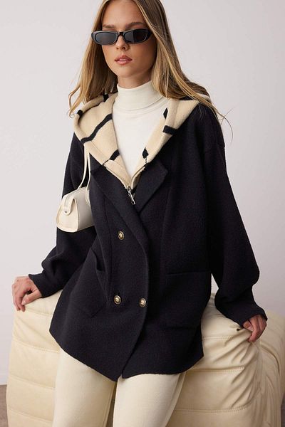 Trendyol Collection Black Zippered Color Block Premium/Special Yarn Wide Fit Coat Look Knitwear Cardigan Twoaw26Hi00022