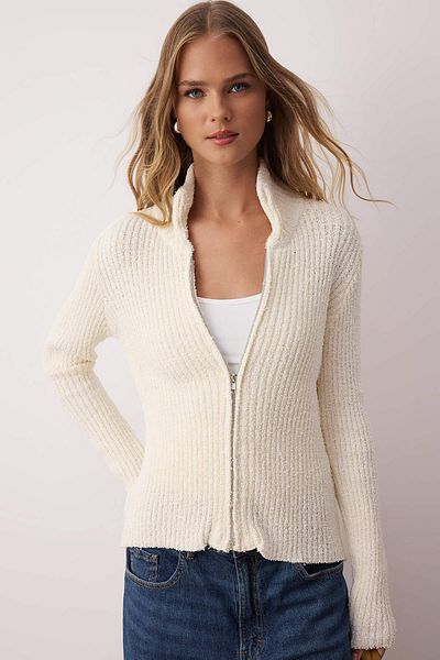 Trendyol Collection Stone Zipper Polo Collar Soft Texture Cotton Knitwear Cardigan Twoaw26Hi00088