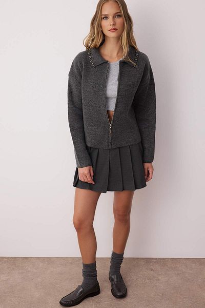 Trendyol Collection Dark Anthracite Pearl Wide Fit Knitwear Cardigan Twoaw26Hi00160