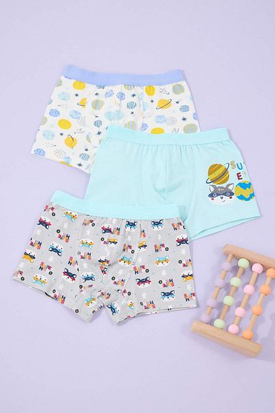 TRENDYOLKIDS Ecru-Blue 3 τεμαχίων για αγόρια με βαμβακερό εμπριμέ μακρυμάνικο πλεκτό μπόξερ TKDAW26BX00001